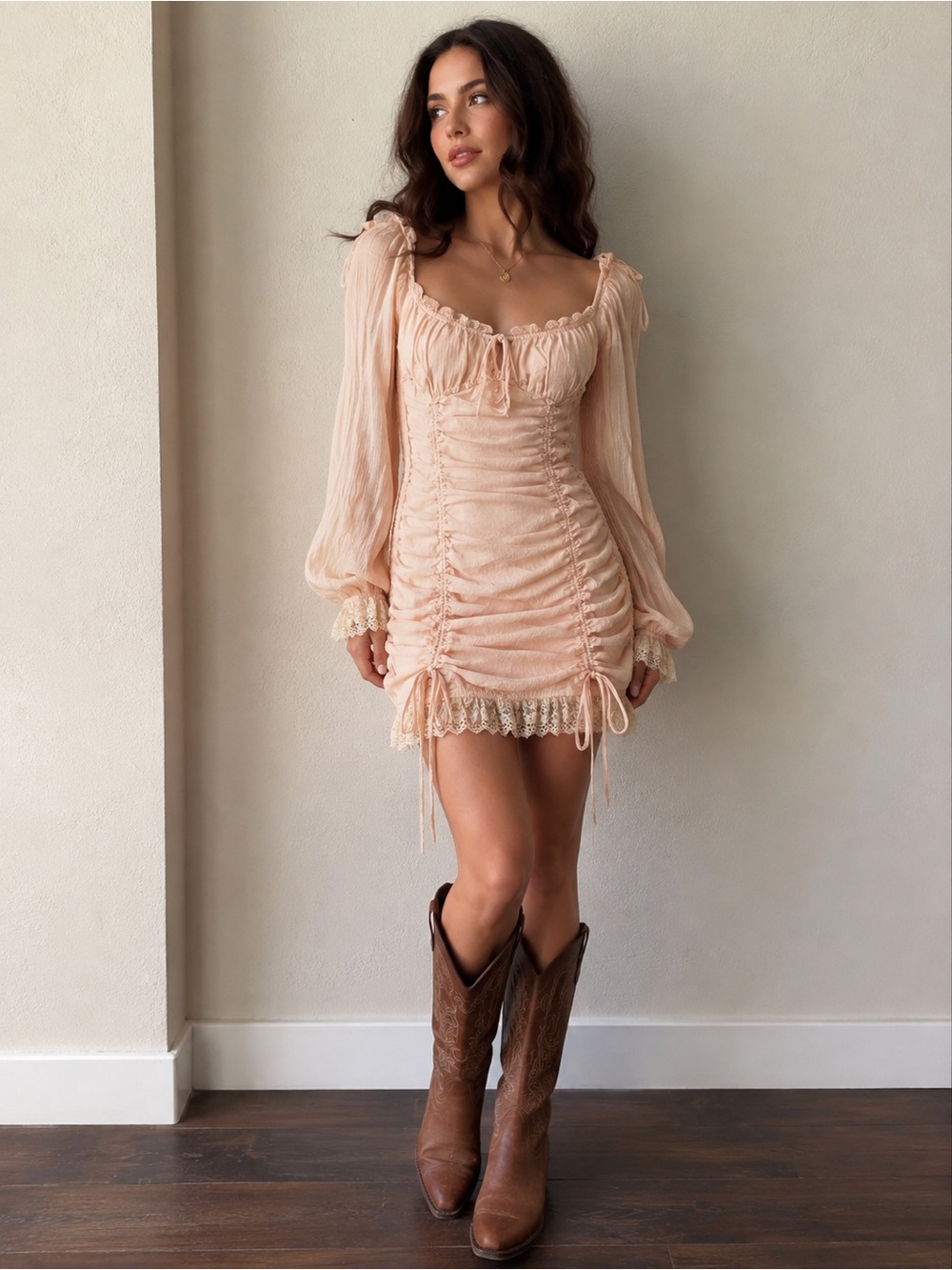 Peach Ruched Lace-Trim Mini Dress